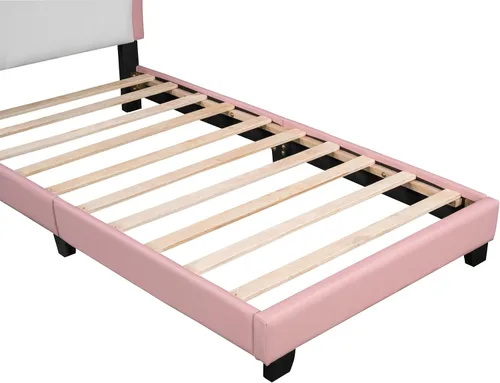 Miniatura 7 de Bonita cama de princesa tapizada de tamaño individual con cabecera corona, plataforma de piel sintética rosa para niños y niñas, no requiere somier