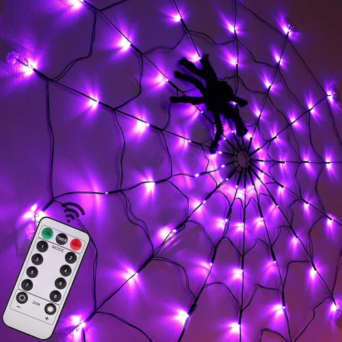 Miniatura 9 de LCHUANG Decoraciones de Halloween con luces de telaraña – 2 piezas de telaraña iluminadas, 4 pies de diámetro, 70 LED con araña negra, impermeable
