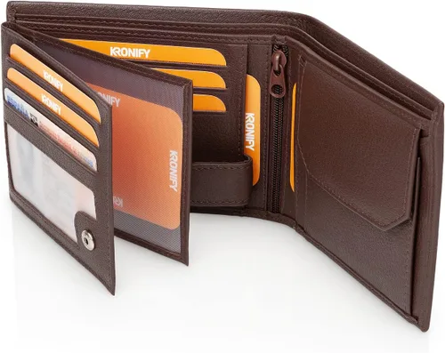 Miniatura 2 de KRONIFY Leather Wallet Men RFID Blocking Bifold & Trifold Genuine Leather 13 Card Slots Coin Pocket Gift Box Natural Dark Brown