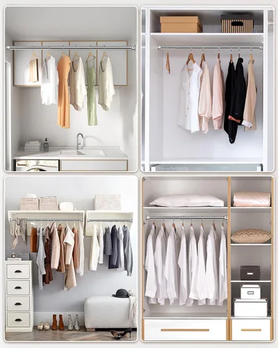 Miniatura 7 de Barras de armario para colgar ropa, resistentes, longitud ajustable (plata, 66.5 - 76 pulgadas)