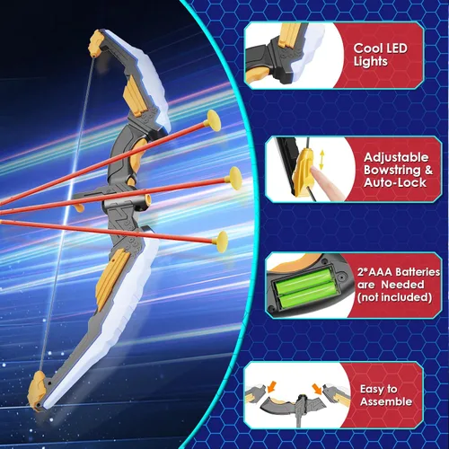 Miniatura 5 de Juego de arco y flecha para niños con luz LED, juego de tiro con arco con 10 flechas de ventosa, 2 objetivos de tiro con arco para interiores y Negro