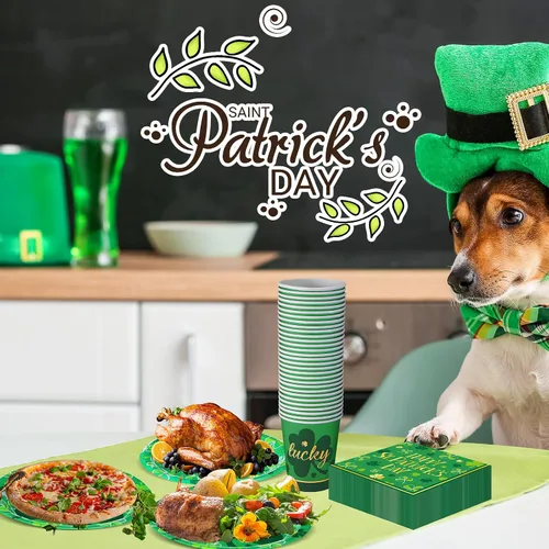 Miniatura 5 de 210 piezas de suministros para fiesta del Día de San Patricio, platos, servilletas, vasos, trébol irlandés, fiesta, desechables, platos de postre