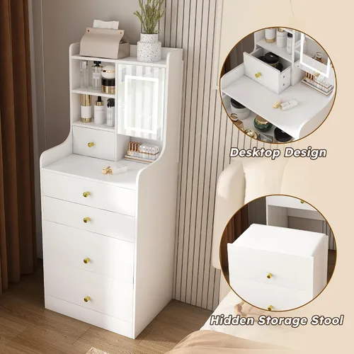 Miniatura 4 de Runboll - Mesa de Tocador Compacta con Taburete de Almacenamiento y Espejo Iluminado Ajustable, Escritorio de Maquillaje Pequeño 3-en-1 con 4