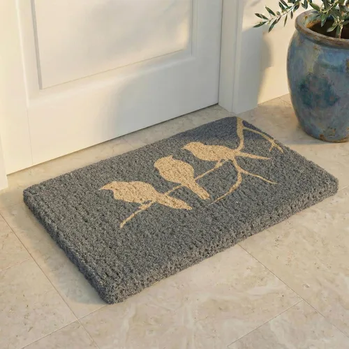 Fab Habitat Felpudo extra grueso, tejido a mano, duradero, fibra de coco natural, entrada, puerta delantera, porche, patio, pájaros en rama, gris