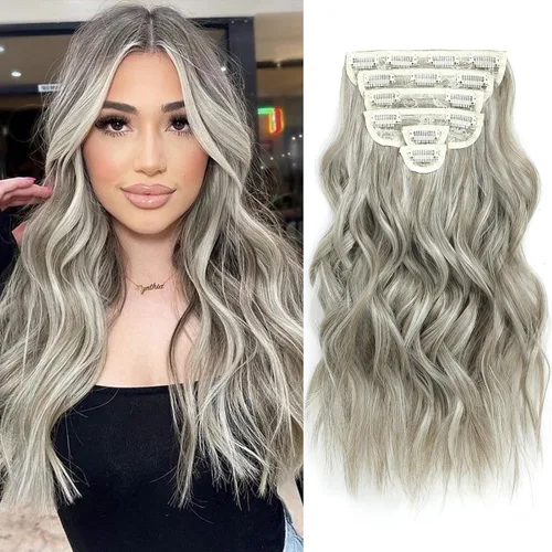 Miniatura 22 de Fliace Extensiones de cabello con clip para mujer, extensiones de cabello ondulado largo de color marrón medio, extensiones de cabello sintético