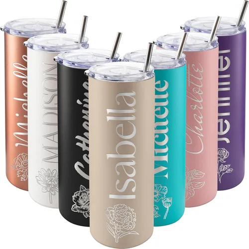 Miniatura 16 de Vaso delgado personalizado, popote, tapa y cepillo incluidos, oro rosa de 20 onzas, regalos personalizados para mujeres, regalo para mamá, vaso