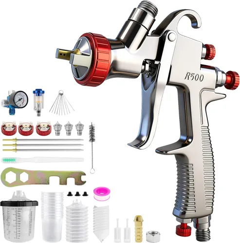 SRQ R500 LVLP Kit de pistola de pulverización, incluye taza mezcladora de 22.0 fl oz y 10 vasos desechables, kit de pistola de pulverización 10