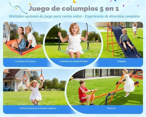 Miniatura 2 de Juego de columpios para patio trasero, juego de columpio de 550 libras con soporte de metal resistente con marco en A, juego de columpios 6 en 1