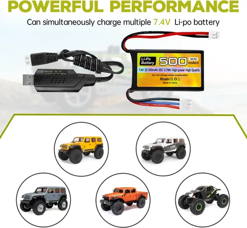 Miniatura 5 de Batería Lipo de 7.4 V, 500 mAh, 30 C, batería de drones con enchufe PH2.0 para modelos de automóvil AX24 SCX24 RC compatibles con la mayoría