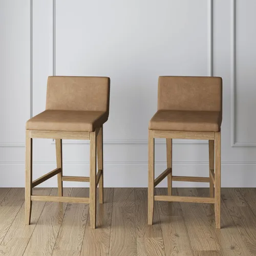 Miniatura 18 de Nathan James - Gracie - Moderno taburete alto con respaldo, silla alta tapizada con lino texturizado natural y patas de madera cepillada - Marrón
