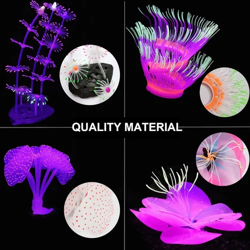 Miniatura 6 de Paquete de 4 plantas de silicona para decoración de pecera, adornos brillantes para peceras de acuario, decoración artificial de coral de anémona