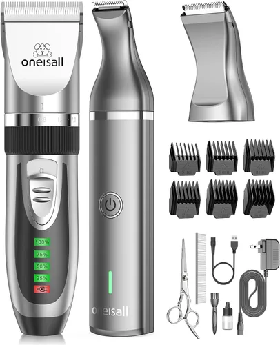 oneisall Kit de aseo 2 en 1 para mascotas y gatos – Cortadora silenciosa inalámbrica para perros y recortadora de patas para aseo de pelo de
