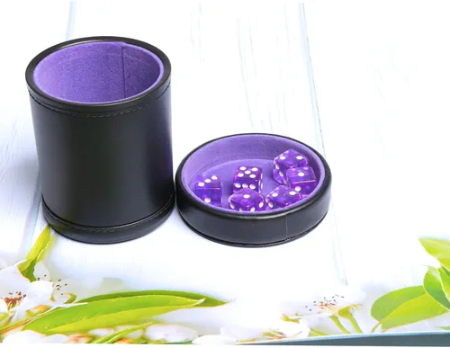 Miniatura 7 de Taza de dados de piel sintética con forro de terciopelo morado con tapa, incluye 6 dados translúcidos morados para mentirosos dados Farkle Yahtzee