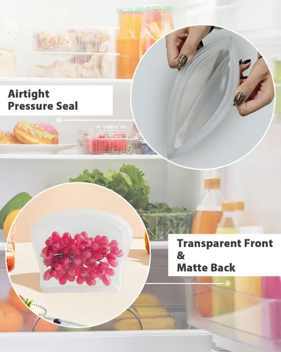 Miniatura 5 de Bolsas de almacenamiento de silicona reutilizables, paquete de 4 bolsas para bocadillos y sándwiches, bolsas de silicona duraderas con cierre