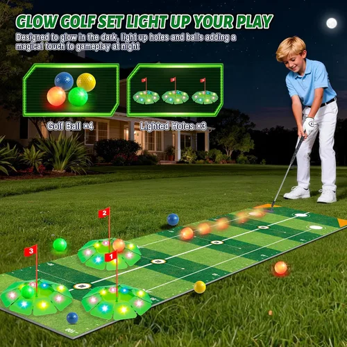 Miniatura 2 de VATOS Kids Golf Toy Set - Light Up Golf Game with 6.5ft Putting Mat, Golf Putter, 3 Holes, 4 Balls (2 Glow Balls), Indoor Outdoor Yard Family Glofer