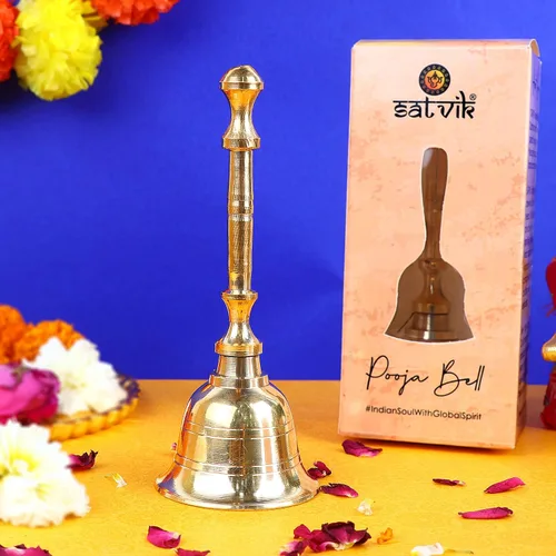 SATVIK - 1 campana de latón de mano grande de 5.5 pulgadas para Puja, campanas tradicionales para mandir, ideal para Puja diario y regalo, sonido