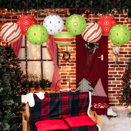 Miniatura 4 de Bencailor Juego de 12 linternas de papel colgantes de Navidad, linternas decorativas para fiesta de Navidad, lámparas colgantes redondas