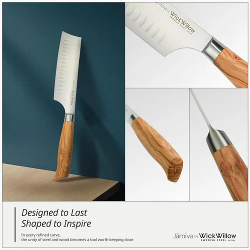Miniatura 5 de WICKWILLOW Cuchillo Nakiri de 6.5 pulgadas, acero sueco 14C28N con mango de madera de olivo italiano, cuchillo para verduras para cocinar a base