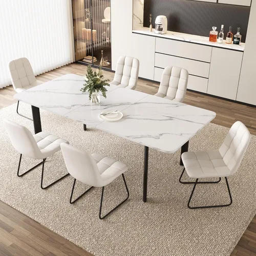 Miniatura 7 de HIPIHOM Juego de mesa de comedor extensible para 6-8 personas, mesa de cocina MDF de 63 a 78.7 pulgadas con 6 sillas tapizadas, ahorro de espacio
