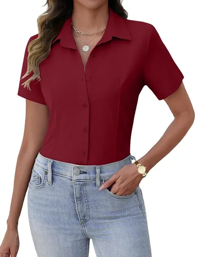 Miniatura 8 de Zeagoo Camisas de vestir de manga corta con botones para mujer, blusas básicas de trabajo con cuello de negocios