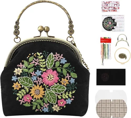 Patrón de flores bordadas de bricolaje, bolsa cruzada, kits de principiantes para adultos, cartera de bricolaje, monedero, bolso, 6.5 in (motivo de