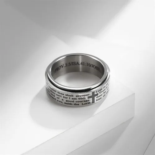 Miniatura 2 de Anillo inspirador de versículos de la Biblia giratorio, cruz y crucifijo de fe, anillo grueso para hombres y niños, de acero inoxidable