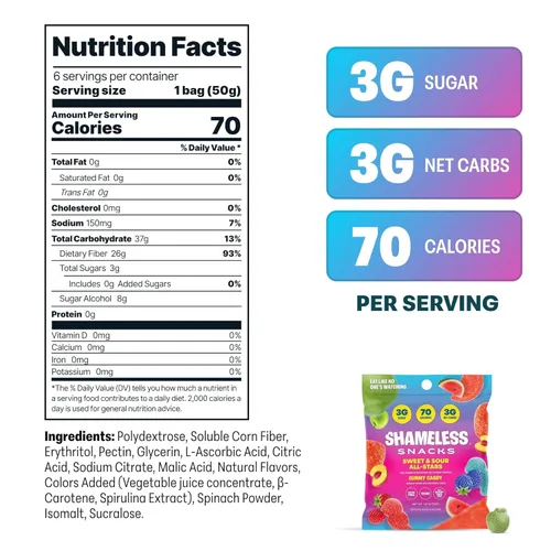 Miniatura 2 de Shameless Snacks Sweet & Sour All-Stars, paquete de variedad de caramelos de gomitas ácidos, saludable, vegano, sin gluten, bajo en azúcar
