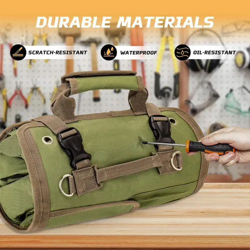 Miniatura 5 de Bolsa de herramientas enrollable, organizador de herramientas compacto y duradero con 4 bolsas, rollo de herramientas y 2 pequeñas bolsas con Verde