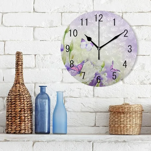 Miniatura 3 de ALAZA Decoración del hogar Hermosa flor mariposa redondo acrílico 9.5 pulgadas reloj de pared sin tictac silencioso arte para sala de estar, cocina