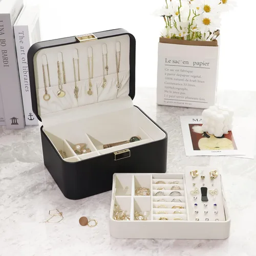 Miniatura 3 de KAMIER Joyero, organizador de joyas de 2 capas para aretes, pulseras, anillos, collares, cuero de lujo y forro de terciopelo suave, caja de regalo