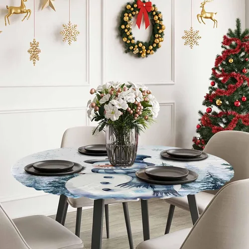 Miniatura 6 de Mantel redondo de Navidad de 36 a 44 pulgadas, mantel impermeable con borde elástico para fiestas de vacaciones en interiores y exteriores, árbol