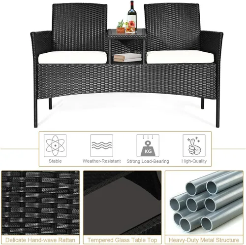 Miniatura 3 de RELAX4LIFE Juego de muebles de conversación con mesa y dos cojines extraíbles, sillas de mimbre de ratán y juego de mesa para patio, jardín, balcón