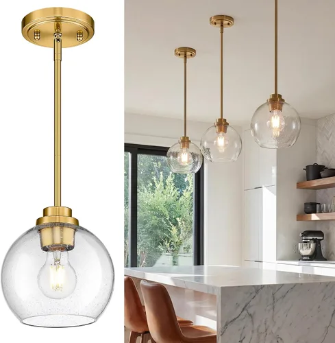 Miniatura 19 de Luces Colgantes de Latón para Isla de Cocina Paquete de 2, Luz Colgante Dorada Estilo Granja con Pantalla de Globo de Vidrio Transparente