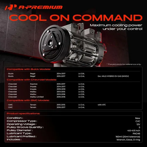 Miniatura 2 de A-Premium Compresor de Aire Acondicionado AC con Embrague Compatible con Chevrolet Equinox 2016-2017, Impala 2014-2015, Malibu 2013-2016, GMC
