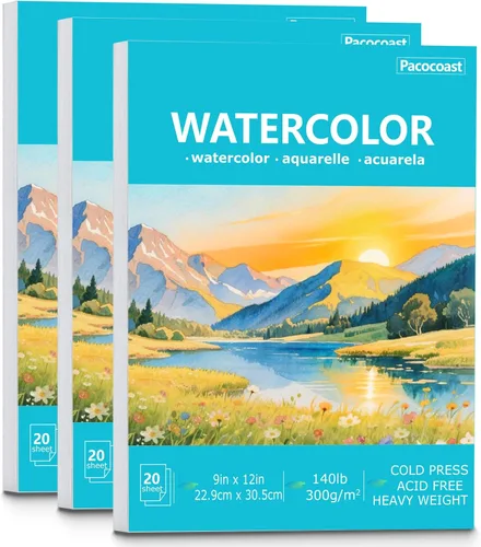 Miniatura 9 de Pacocoast Bloc de papel de acuarela, 9 x 12 pulgadas (300 gsm/140 libras) de prensa en frío, cuaderno de bocetos de color de agua, 20 hojas.