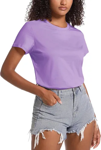 Miniatura 3 de TACVASEN Camisetas de algodón para mujer, camiseta de manga corta, casual, camisetas básicas con cuello redondo