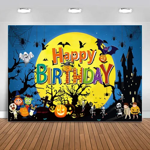 Sensfun Telón de fondo de cumpleaños de Feliz Halloween, Luna Noche, Calabaza, Fondo de cumpleaños, Castillo Fantasma, Telón de fondo de Halloween