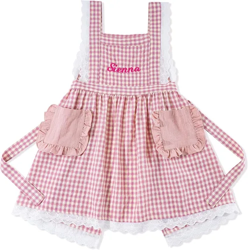 Miniatura 9 de MT WORLD Girls Apron Personalized Linen Kids Aprons for Cooking Toddler Girls Cross Back Apron Pinafore for Baking Crafting