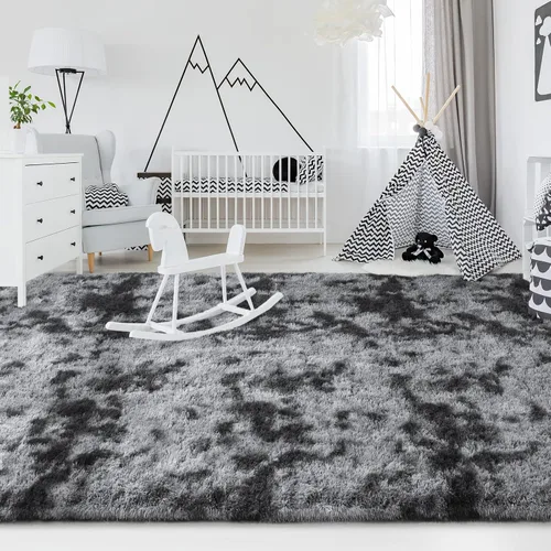 Miniatura 4 de FlyDOIT Alfombras Grandes para Sala de Estar, 5x8 Pies Alfombra Shaggy Teñida con Tie-Dye Gris Oscuro, Alfombras Mullidas Tipo Manta, Alfombras