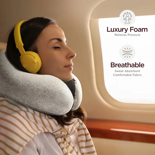 Miniatura 3 de Homeify Kit de viaje en avión, almohada ajustable para el cuello del avión de espuma viscoelástica con soporte para teléfono, máscara de ojos, Gris