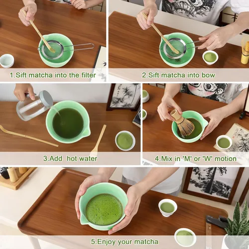 Miniatura 4 de PHILORN Juego de batidores de matcha, 9 piezas de cerámica macha, juego de batidor y cuenco con boquilla, batidores, soporte, cuchara de bambú, Cian