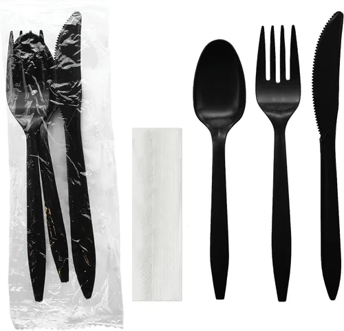 Miniatura 12 de Party Essentials Paquetes de cubiertos de plástico envueltos individualmente, tenedor/cuchara/cuchillo/servilleta/sal/pimienta, 50