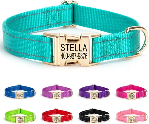 Miniatura 19 de Collar de perro personalizado con etiqueta de nombre, collar de nailon reflectante para mascotas, collares de perro con hebilla grabada Rosa