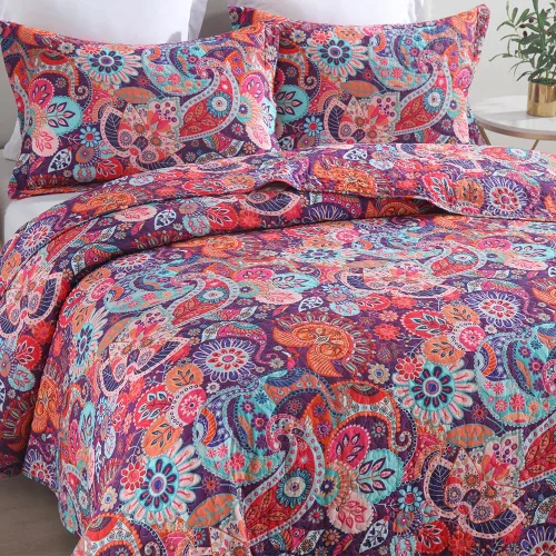 Miniatura 4 de VISIMISI - Juego de colchas de algodón, juego de cubrecama reversible con estampado floral de cachemira bohemio, patrón rojo bohemio hermoso