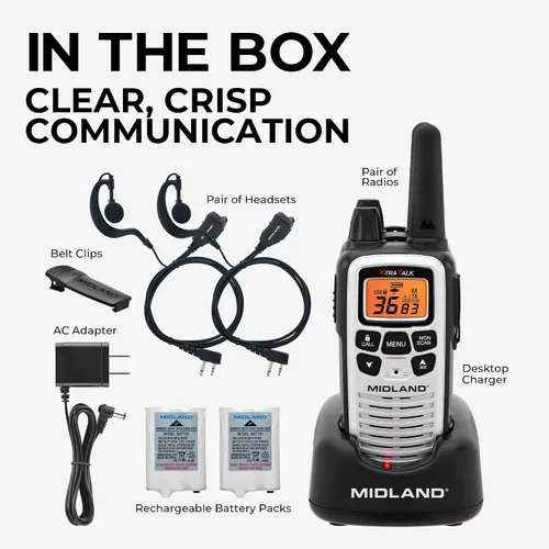 Miniatura 2 de Midland LXT600VP4 FRS Walkie Talkies para Negocios – Radios de Dos Vías de Largo Alcance de 36 Canales con Auriculares y Base de Carga, Alertas