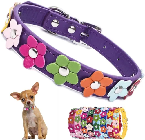 Miniatura 11 de Collares negros de lujo para perros medianos, bonitos collares de piel sintética con flores coloridas y coloridas para cachorros, para perros