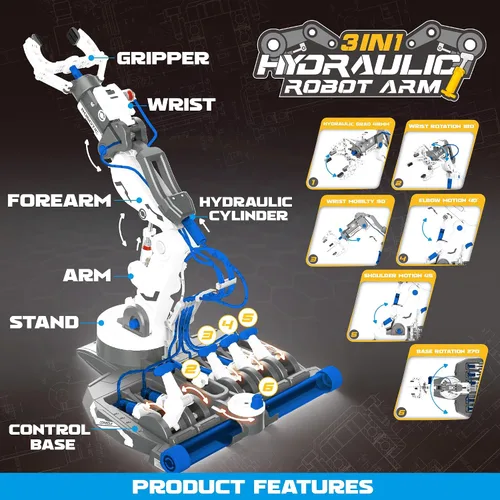 Miniatura 3 de SMIESSKIDDO - Brazo robot hidráulico 3 en 1, 220 juguetes de construcción STEM con agarre de 4 mandíbulas, succión y pinzas para niños de 8 a 12