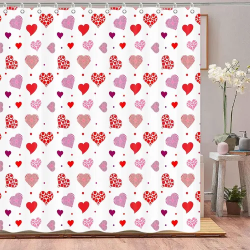 Miniatura 11 de Cortina de ducha de gnomo de San Valentín, decoración romántica de baño con corazones rojos, juego de cortinas de baño rojas y negras, decoración