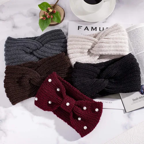 Miniatura 3 de Whaline - 5 diademas tejidas de invierno, diademas mullidas tejidas, 4 envolturas de turbante elásticas y 1 banda de pelo de ganchillo de perla