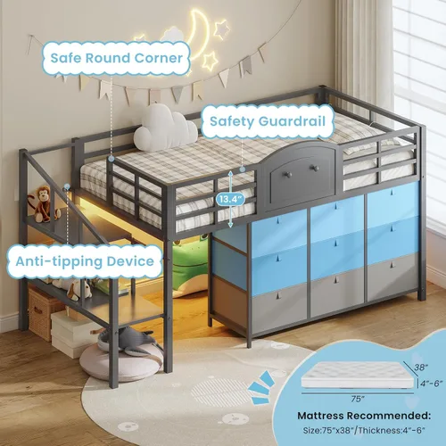 Miniatura 6 de VIAGDO Cama baja tipo loft de tamaño individual con 9 cajones de almacenamiento y luces LED, cama tipo loft de metal individual con almacenamiento